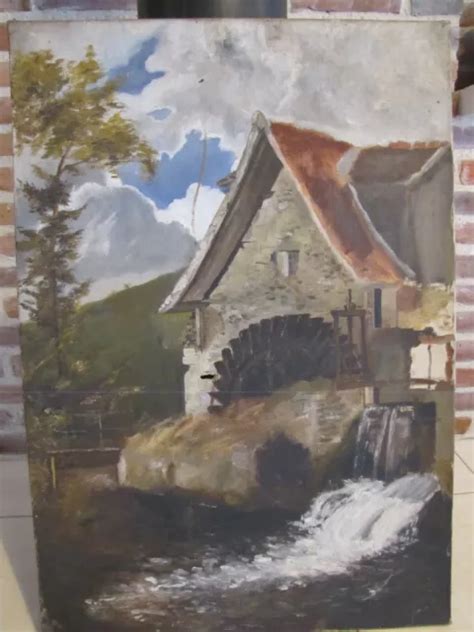 TABLEAU ANCIEN HUILE Sur Toile Paysage Moulin A Restaurer EUR 20 00