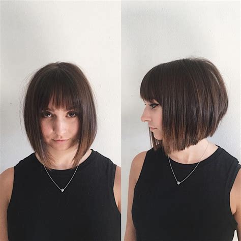 Chic Blunt Angled Bob With Feathered Bangs And Brunette Ombre The
