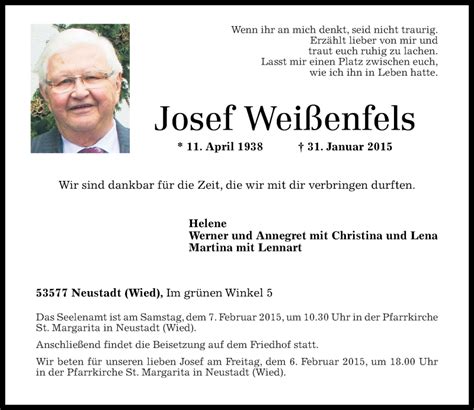 Traueranzeigen Von Josef Wei Enfels Rz Trauer De