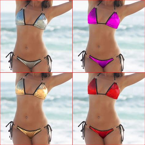 Sexy Metallic Silver Bikini Set Shiny Leather Bathing Suit Etsy