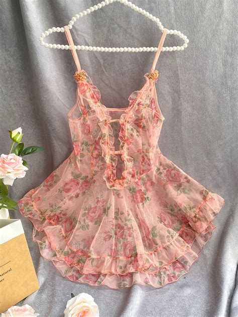 Pink Sexy Mesh Floral Babydolls Embellished Slight Stretch Women Intimates Elegant Lingerie