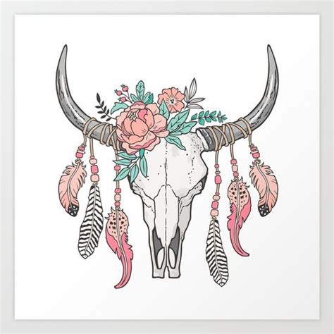 Boho Longhorn Cow Skull with Feathers and Peach Flowers Art Print by ...