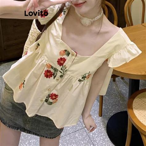 Lovito Casual Ditsy Floral Blusa Feminina Bordado Botão Frontal