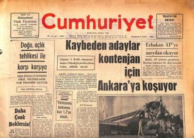 Cumhuriyet Gazetesi 3 Eylül 1969 Doğu Açlık Tehlikesi İle Karşı