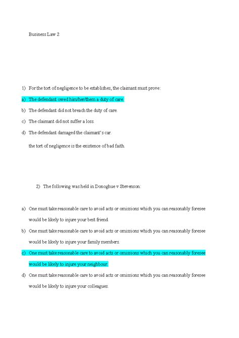 Tort Law Mcqs Business Law For The Tort Of Negligence To Be