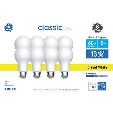 Ge Classic 60 Watt Eq A19 Bright White Medium Base E 26 Dimmable Led General Purpose Light