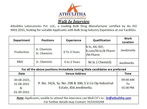 Athulitha Laboratories Pvt Ltd Walk Ins For Freshers Experienced B