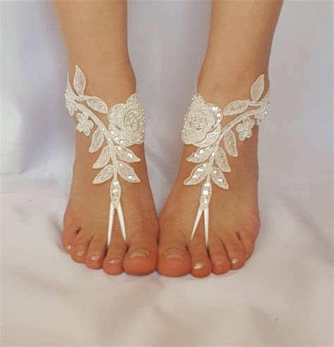 Ivory Beaded Scaly Beach Wedding Barefoot Sandals Free Ship Sexy Feet