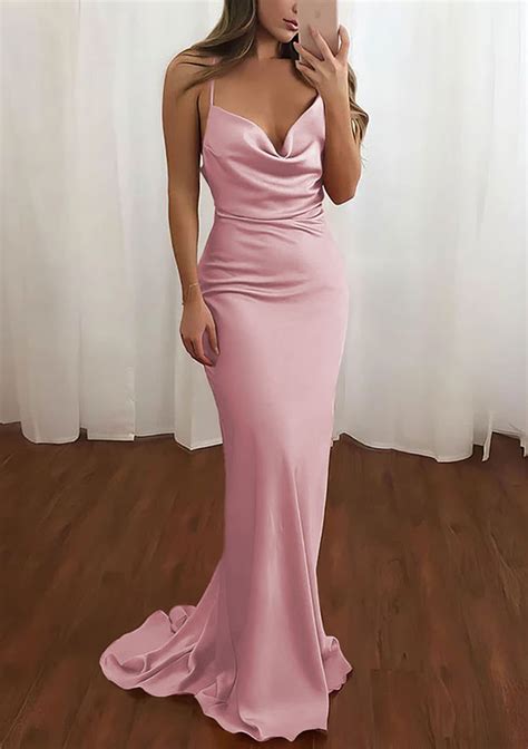 Sheath Column Cowl Neck Sweep Train Satin Prom Dress Prom Dresses