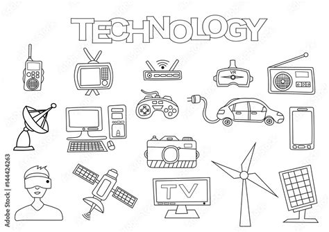 Technology Elements Hand Drawn Set Coloring Book Template Outline Doodle Elements Vector