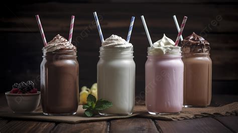 Four Milk Shakes With Chocolate Ice Cream In The Bottles Background