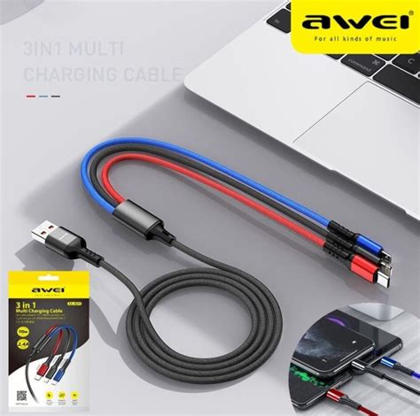 AWEI CL 971 3 In 1 USB Cable For Micro IP Type C 2 4A 1200mm