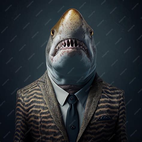 A shark wearing a suit with a shirt that says shark on it. | Premium AI-generated image