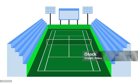 Lapangan Tenis Hijau Dalam Pemandangan Isometrik Dengan Tribun Penonton Lapangan Tenis Luar