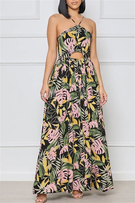 Wholesale Green Sexy Print Hollowed Out Patchwork Backless Spaghetti Strap Straight Dresses