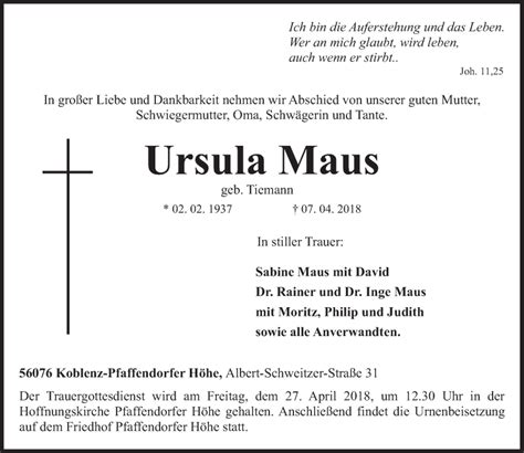 Traueranzeigen Von Ursula Maus Rz Trauer De