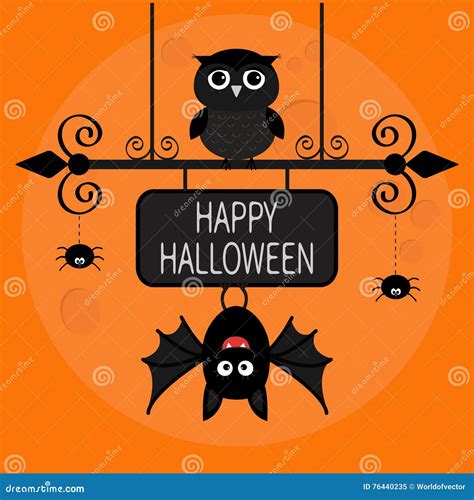 Happy Halloween Card Bat Hanging On Wrought Iron Sign Board Owl Bird