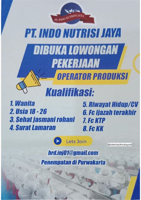 Lowongan Kerja Operator Produksi PT Indo Nutrisi Jaya Penempatan Di