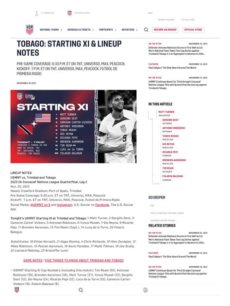 USMNT vs. Trinidad and Tobago - Starting XI & Lineup Notes - 2023-24 ...