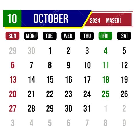 Kalender Oktober 2024 Yang Penuh Warna Vektor Oktober 2024 Kalender