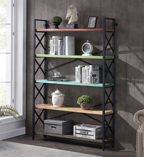 Buy HOMYSHOPY Industrial 5 Tier Solid Wood Bookshelf Open Wide