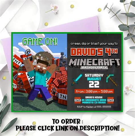 Personalize Minecrafter Birthday Invitations Video Game Etsy