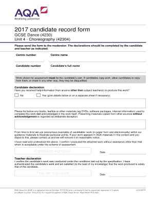 Fillable Online Store Aqa Org Gcse Dance Candidate Record Form Unit