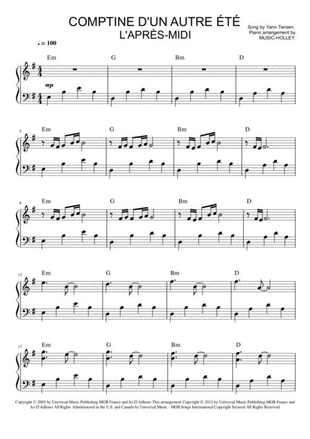 Comptine D un Autre Été L après midi arr Music holley Sheet Music