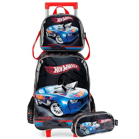 Kit Mochila De Rodinhas Hot Wheels Lancheira Estojo Preto Shop Macrozao