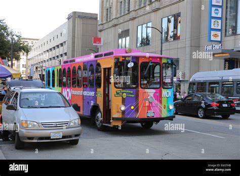 Colorful Tour Bus Moving Street Tourist Vancouver Stock Photo Alamy