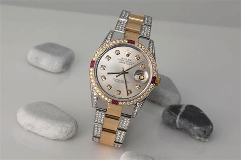 Rolex Datejust K Gold And Ss Silver Dial Diamond Bezel With Rubies