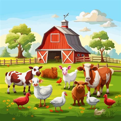 A painting of cows and cows in a farm with a barn in the background | Premium AI-generated vector