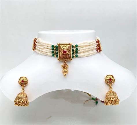 Brass And Moti Golden And White Gold Plated Polki Silver Choker Set