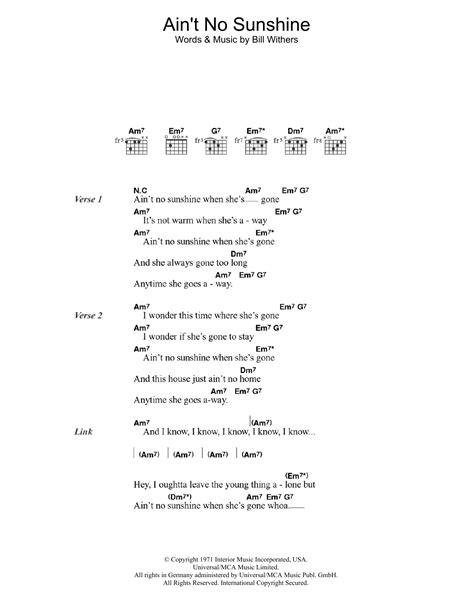 Ain T No Sunshine By Bill Withers Sheet Music For Guitar Chords Lyrics