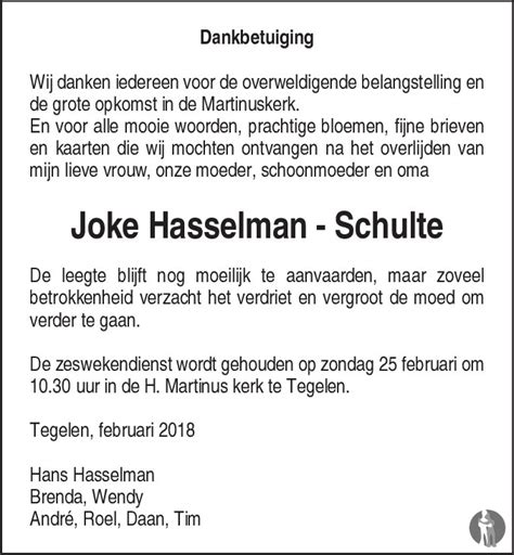 Joke Hasselman Schulte 06 01 2018 Overlijdensbericht En Condoleances