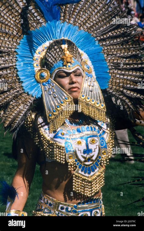 Aztec Woman Wears A Magnificent Traditional Golden Headdress And Stock