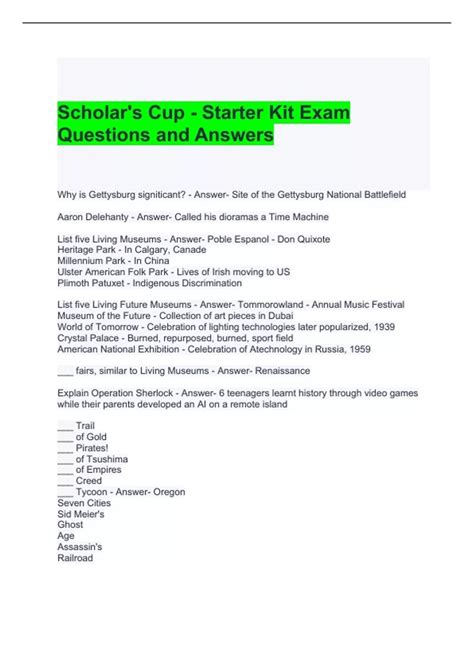 Scholar S Cup Starter Kit Exam Questions And Answers World Scholar