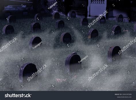 spooky night cemetery fog creepy graveyard stock photo