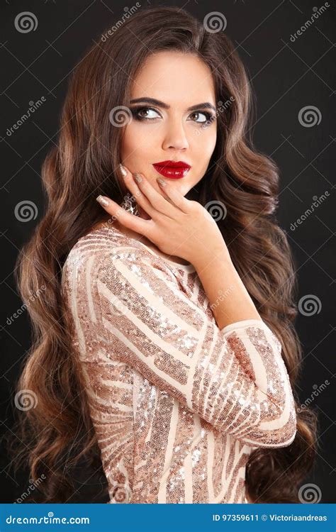 Glamour Stunning Fashion Brunette Woman Portrait Long Wavy Hair Stock