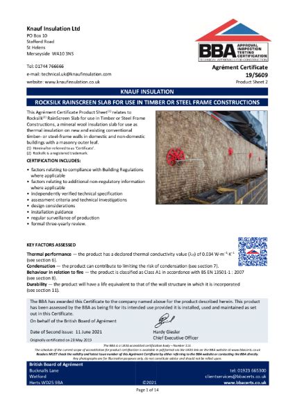 Knauf Insulation Rocksilk RainScreen Slab BBA Certificate 195609i1