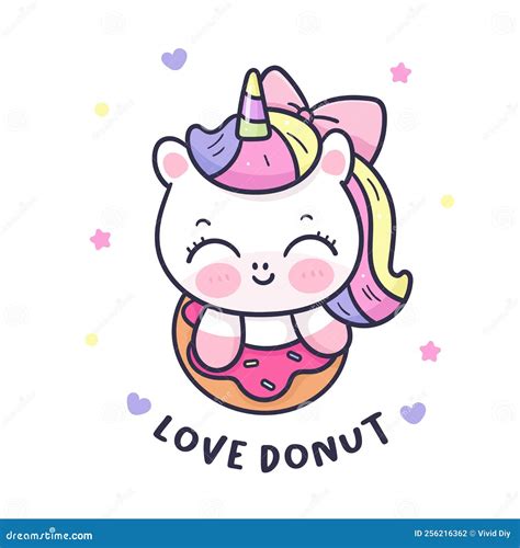 Logo Unicorn Cartoon Pegasus Pony In Sweet Donut Character Stock