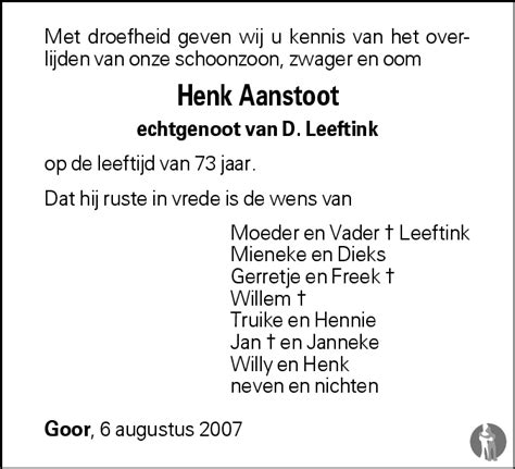 Gerrit Hendrik Henk Aanstoot Overlijdensbericht En