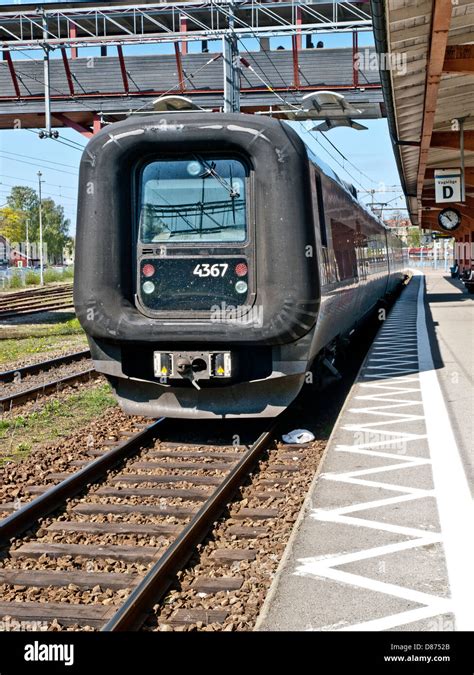 Morden Train station at empty platform, no passengers, at Vaxjo station ...