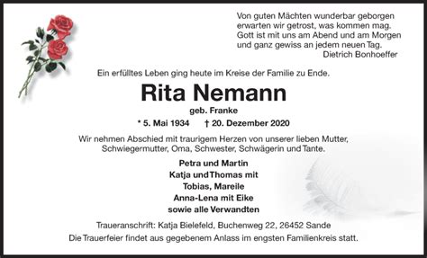 Traueranzeigen Von Rita Nemann Nordwest Trauer De