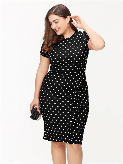 Polka Dot Frill Trim Sheath Dress Womens Polka Dot Dress Plus Size