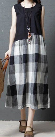 Simple Black Patchwork Plaid Linen Tunic Sleeveless Knee Dress Summer Dresses Summer Fashion