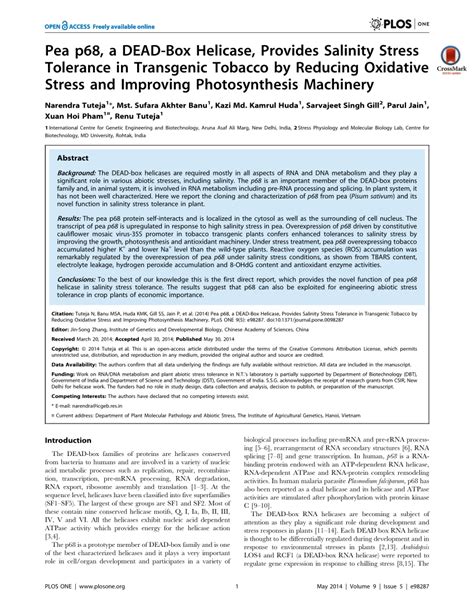 Pdf Pea P A Dead Box Helicase Provides Salinity Stress Tolerance