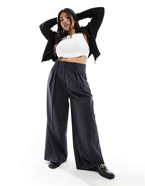 Asos Design Curve Co Ord Wide Leg Trousers In Navy Pinstripe Asos