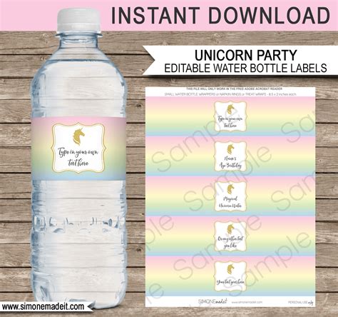 Unicorn Water Bottle Labels Template Unicorn Theme Birthday Party