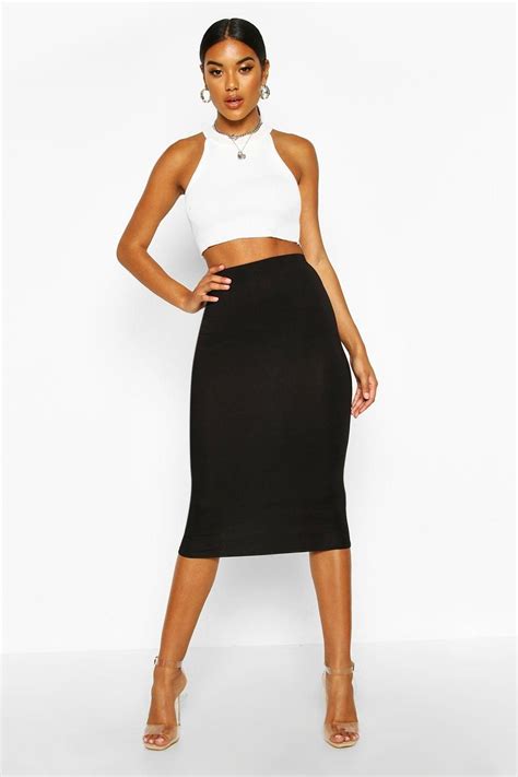 Basics High Waisted Jersey Knit Midi Skirt Black Midi Skirt Knit